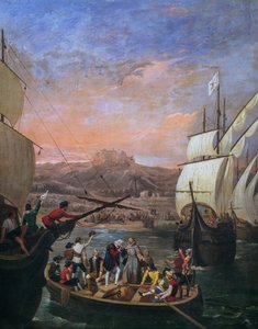 1492 年克里斯托弗·哥伦布离开帕洛斯德拉弗龙特拉，安东尼奥·卡布拉尔·贝哈拉诺（Antonio Cabral Bejarano，1798-1861 年）绘画，细节