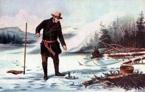 1856年，美国冬季运动在Chateaugay湖上钓鳟鱼。