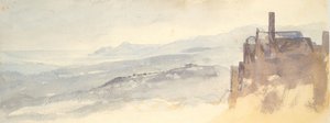 风景：悬崖上的房子（编织纸上的水彩和石墨）