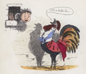 Boy woken up by a cock crowing (coloured engraving)