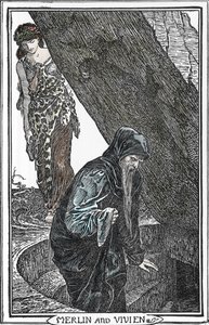 魔法师梅林和费-薇薇安（Merlin anc Vivien）的代表作 亨利-贾斯特（HJ）-福特（1860-1941 年）的插图，选自《浪漫之书》，1902 年 珍藏版 作者 亨利·正义·福特