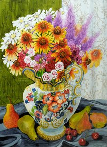 维多利亚时代的水罐，混合鲜花，梨和樱桃，2010年，水粉