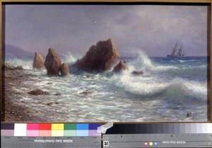 在利瓦迪亚海岸（乌克兰克里米亚湾）。海景画，远处有一艘帆船，黑海的波涛拍打着礁石。Lev Felixovich Lagorio（1827-1905 年）的画作，布面油画 作者 Lef Feliksovich Lagorio