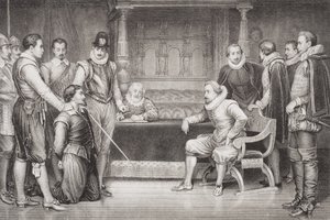盖伊福克斯（1570-1606）由詹姆斯一世（1566-1625）和他在国王卧室的议会审问，来自“英国和苏格兰历史插图”第一卷 作者 威廉·拉尔斯顿